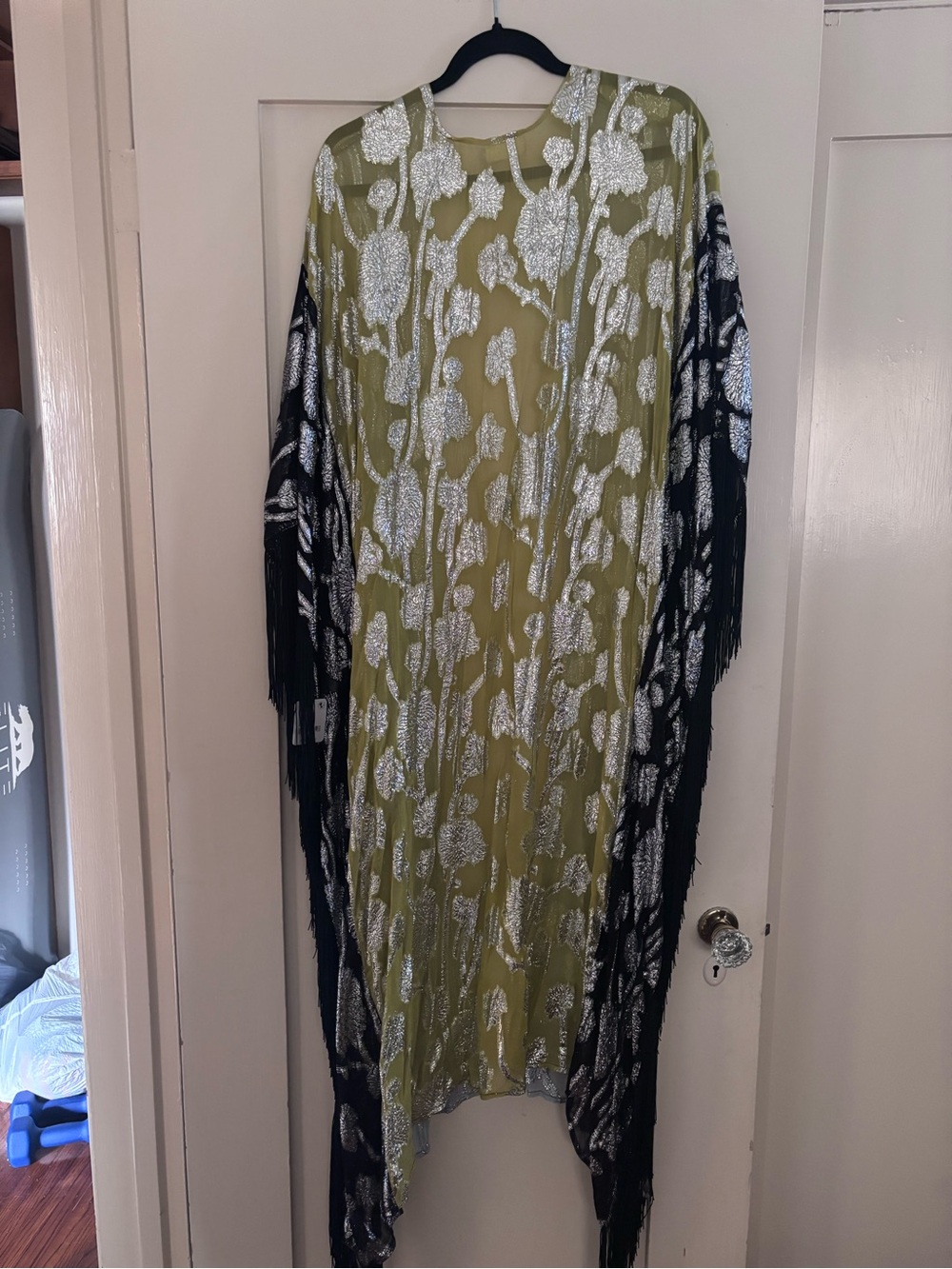 Free People Black, Yellow & Silver Floral Fringe Swim Coverup Kimono